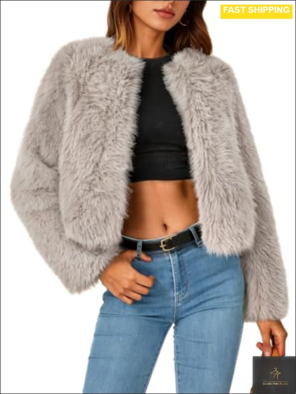 Womens Faux Fur Cropped Jacket Fluffy Winter Coat Hook Closure